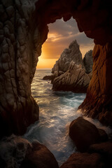 A tranquil sunset view from a coastal cave, with waves reflecting the sun's glow against rugged stone textures