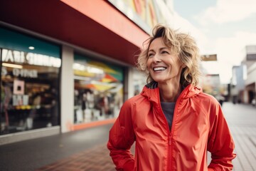Portrait of a joyful woman in her 50s wearing a functional windbreaker isolated on vibrant shopping...