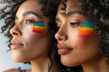 A powerful image showing two young women side by side with vibrant rainbow flags painted on their cheeks, symbolizing LGBTQ+ pride and diversity. Identity captured in artful expression. Generated AI