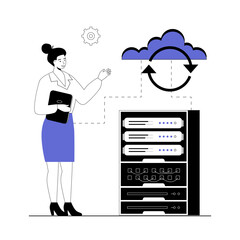 Cloud synchronization. Cloud storage. Digital file organization service or app with data transferring. Vector illustration with line people for web design.