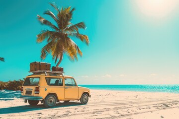 A yellow vintage car parked on a sunny beach with luggage on top near a swaying palm tree illustrares perfect summer escape. Generated AI