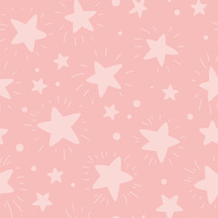 Doodle Stars Cute Seamless Pattern in pink palette, nursery cartoon vector background.