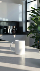 Stylized 3D vector of an empty mug with a company logo, placed on a break room counter, casual office kitchenette setting,
