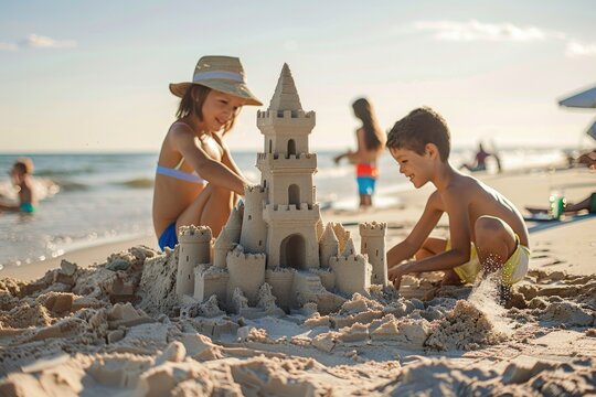 Two children, a girl and a boy, build an intricate sandcastle on a bustling beach. The image captures a joyful, playful outdoor summer activity. Generated AI