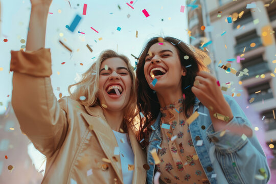Two happy young women having fun and celebrating with colorful confetti outdoors, exuding joy and friendship. Their vibrant expressions evoke a sense of freedom and happiness. Generated AI