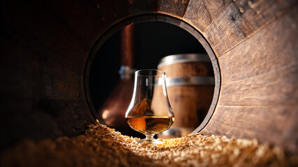 Glass of whiskey in an old wooden oak barrel with barley grains. Traditional alcohol distillery...