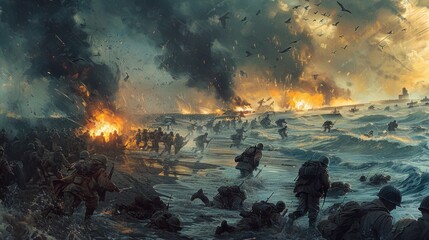 Dramatic illustration of soldiers storming the beach during. D-Day Anniversary - obrazy, fototapety, plakaty