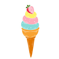 Colorful summer dessert ice cream sundae in a waffle cup.Vector graphics.