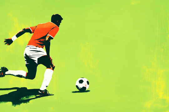 Art, poster, soccer player with ball, copyspace