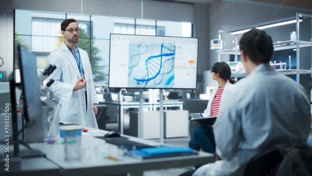 Poster Diverse Team of Scientists Discussing Ideas in a Biotech Startup Lab. Group of International Students Listening to Their Science Professor While He Shows DNA Sequencing Method on a TV Screen