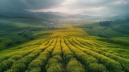 Obraz premium A rainy morning, In the rapeseed fields. Aerial high view. Generative AI.