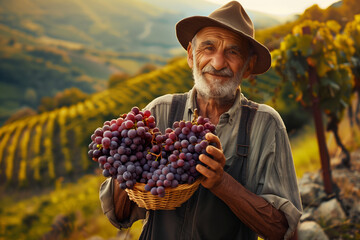 An elderly winemaker in a vineyard with a bunch of grapes in his hands.