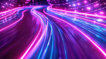 Vibrant neon light trails in motion on a futuristic tunnel background.