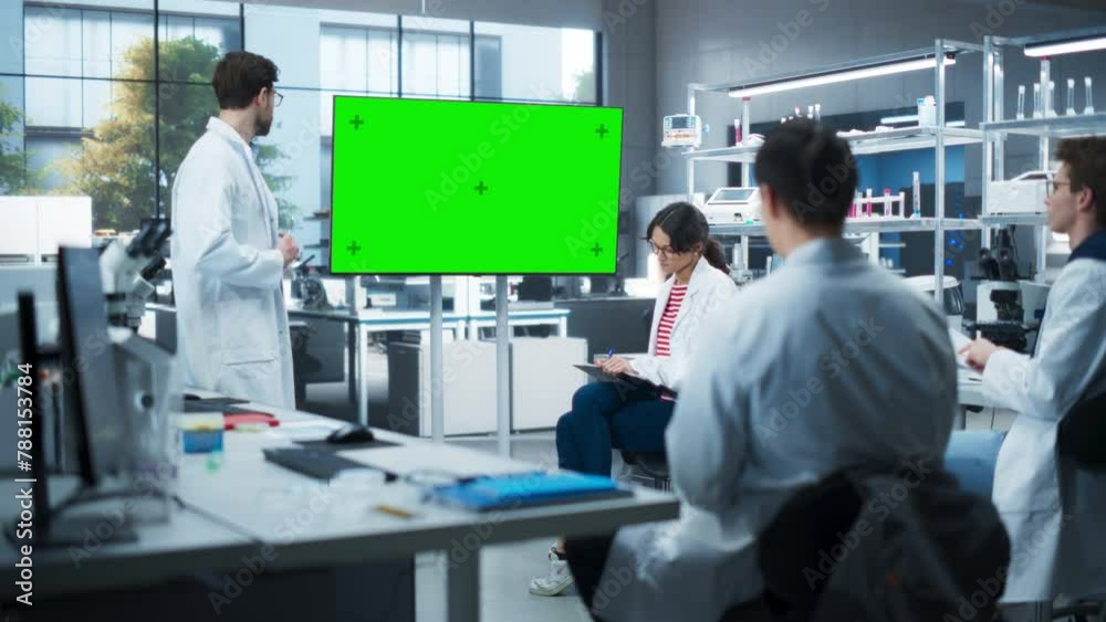 Poster Head of Laboratory Showing Presentation on a TV Screen with Green Chroma Key Template. PhD Professor Teaching a Group of Science Students the Basics of Research in Biological Engineering