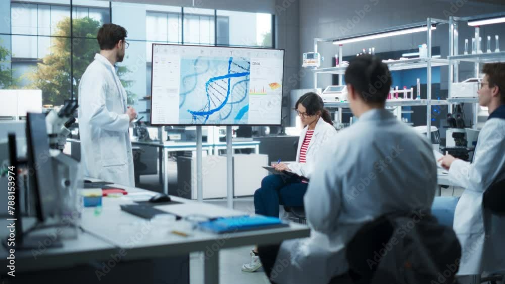 Aufkleber PhD Professor Teaching a Group of Science Students the Basics of Biological Engineering. Head of Laboratory Showing Presentation on a TV Screen Before Practical Education and Technology Demonstration