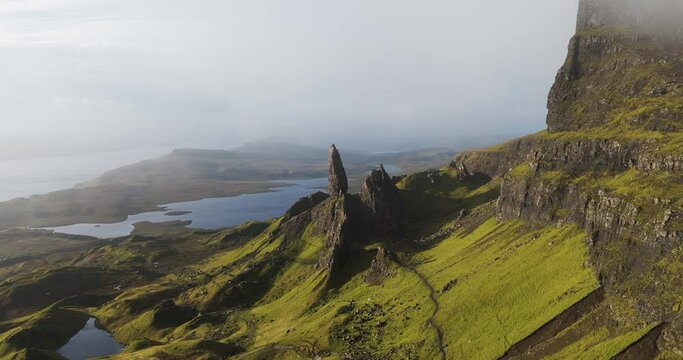 Aerial view of Old Man of Storr and scenic landscape, Isle of Skye, United Kingdom.
