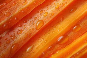 Close up of beautiful texture of fresh orange carrot with water drops, carrot strips close up

