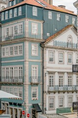 Side view of a typical facades on the buildings of the beautiful city of Porto, travel and...