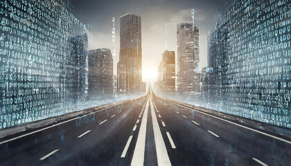 3D Rendering of abstract highway path through digital binary towers in city background. Generative...