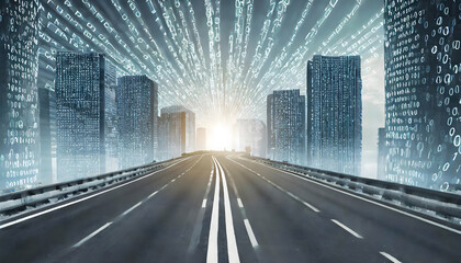 3D Rendering of abstract highway path through digital binary towers in city background. Generative AI.