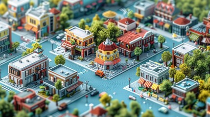 An high angle view of an isometric map illustration of a city shopping district full of small stores. Generative AI.