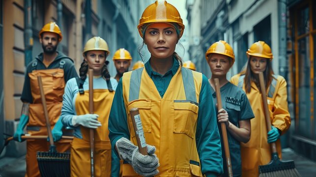 A proud cleaning crew wearing all diverse uniforms, standing as a group portrait in a urban location looking in the camera holding brooms and cleaning equipment. Generative AI.