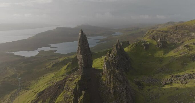 Aerial view of Old Man of Storr with stunning landscape, Isle of Skye, United Kingdom.