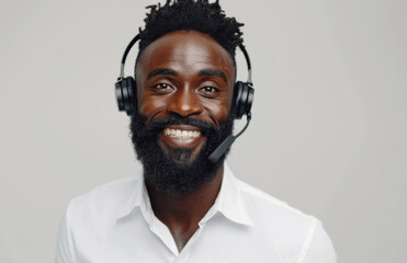 Obraz premium Black man, portrait and call center with telecom in studio, CRM and contact voter registration help desk agent on white background. Tech support, advice and customer service with voting helpline