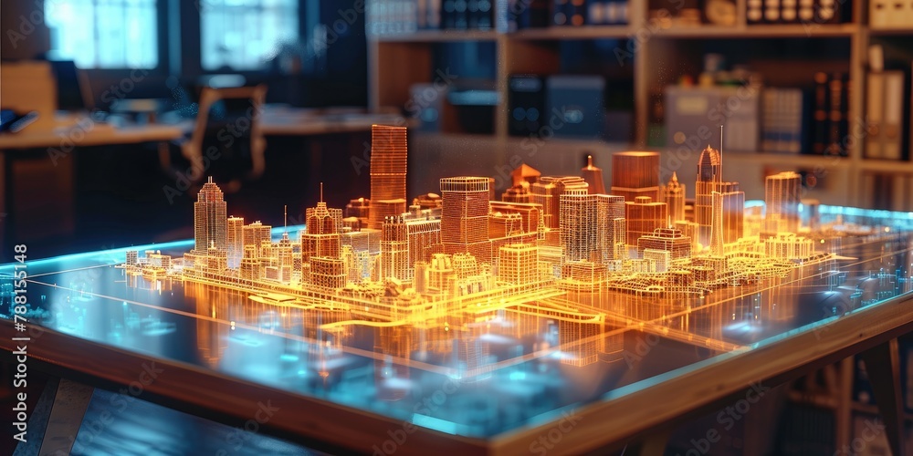 Aufkleber A holographic map of a city floating over a table in an office, digital art. Generative AI.