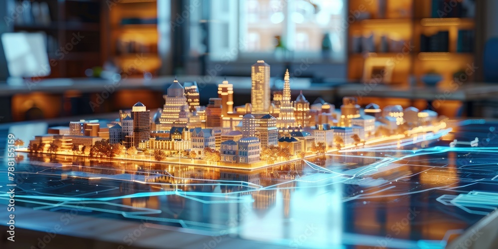 Aufkleber a holographic map of a city floating over a table in an office, digital art. generative ai.