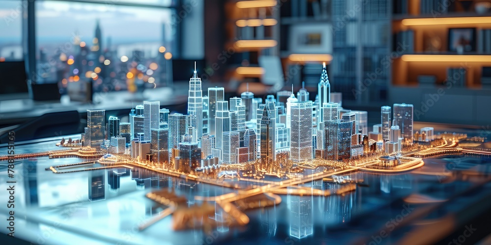 Aufkleber a holographic map of a city floating over a table in an office, digital art. generative ai.