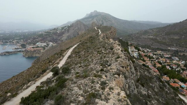 Panoramic aerial view of Mirador Morro de Toix, gorgeous mountain on the shore
