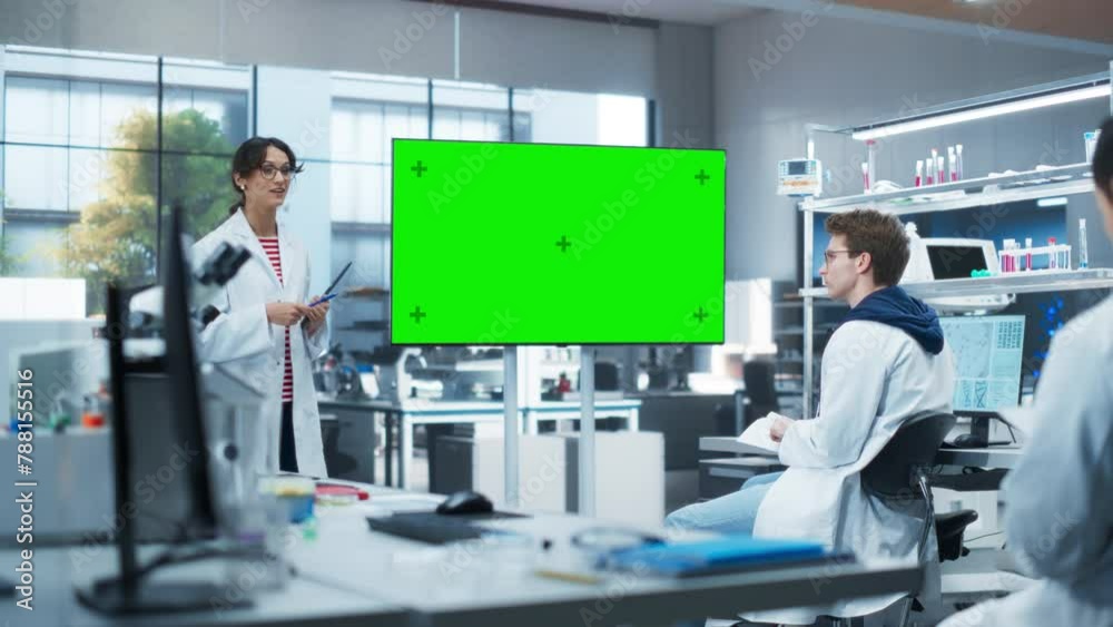 Poster group of students listening to their young biology teacher who uses tv monitor with green screen tem