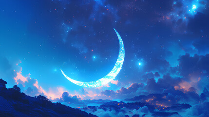 Naklejka na ściany i meble Crescent moon. illustration of a bright moon highlighting the night starry sky