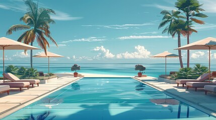 Swimming pool in a luxury resort with a beach, illustration style. Generative AI. - obrazy, fototapety, plakaty