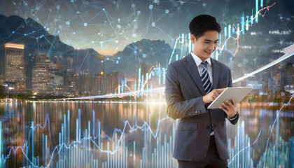 Businessman using tablet analyzing sales data and economic growth graph chart background. Generative AI.