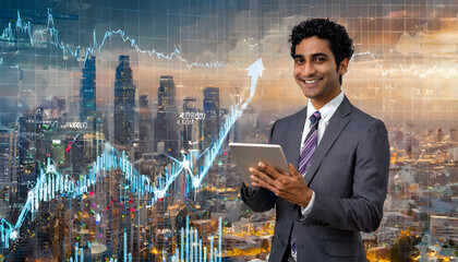 Businessman using tablet analyzing sales data and economic growth graph chart background. Generative AI.