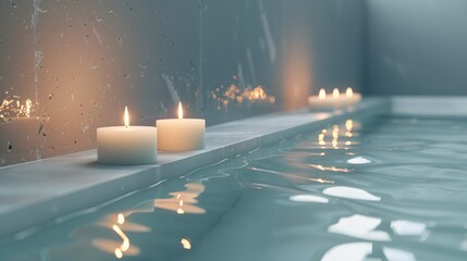 A bathtub filled with water, with three white candles set on its edge. The light from these candles illuminates part of the blank wall behind them. Generative AI. - obrazy, fototapety, plakaty