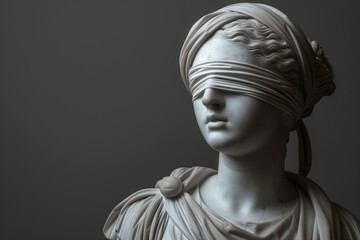 Close-up shot. Ancient marble statue of a blindfolded woman from the Roman era on a blank gray background with space for text or inscriptions
