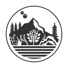 Circular Mountain Forest Trees and River Lake with Garden Badge Illustration