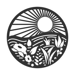 Sunset Sunrise with Garden Farm Land Badge Emblem Label Illustration