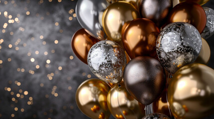 Metallic balloons cascade in gold, silver, and bronze against charcoal grey for a luxe vibe.