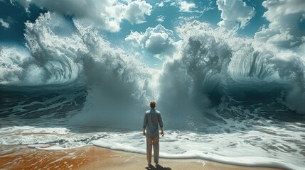A man stands on the beach with a massive wave in the background. Generative AI.
