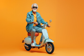 Stylish elderly man sitting on a motor scooter on a solid orange background wearing glasses.