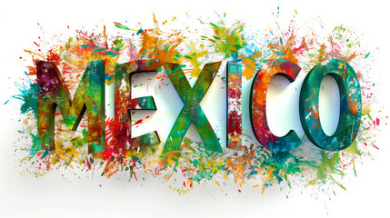 The word Mexico is written in a colorful, abstract style. The letters are large and bold, and the colors are bright and vibrant. a sense of energy and excitement. "MEXICO" in cultural colors