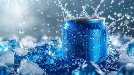 A cold beverage can surrounded by splashing water and ice, symbolizing refreshment, energy, and chilled summer drinks. Ideal for themes related to beverages, cooling off, and drink promotions.