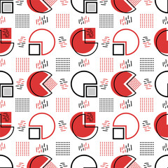 Abstract geometric shapes, circles, squares, triangles, strokes, dots, squiggles in Memphis style, colorful red seamless modern trendy static pattern	
