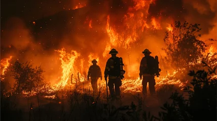 Gordijnen Hikers and firefighters survey fire-ravaged forest. © Nuntapuk