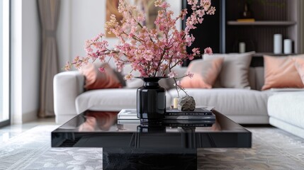 Black coffee table with a pink floral centerpiece in a modern living room