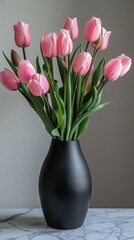 Pink tulips in a black vase for a modern floral arrangement